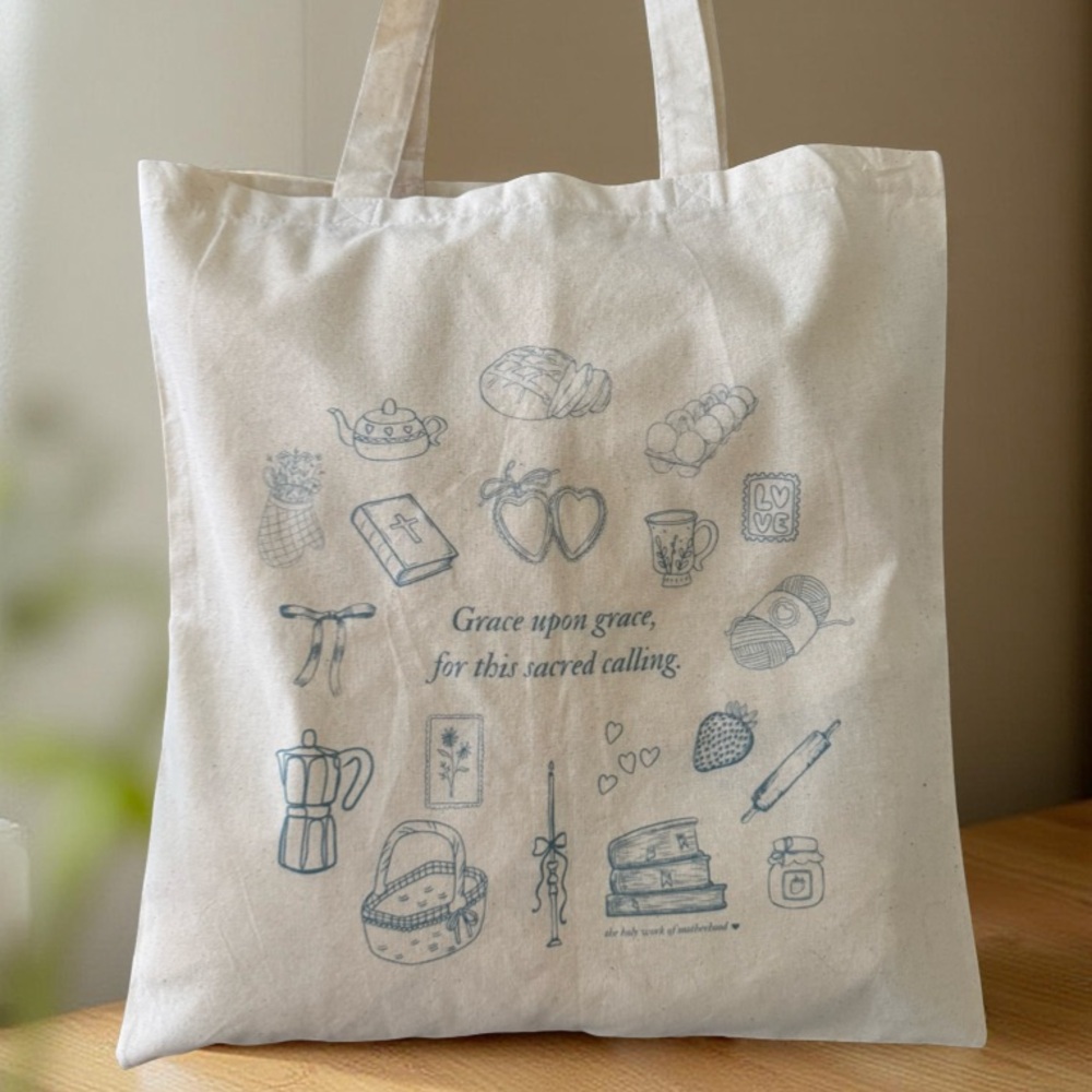 “Grace upon grace for this sacred calling” Canvas Cottage core Tote Bag for Moms - Picture 4 of 6